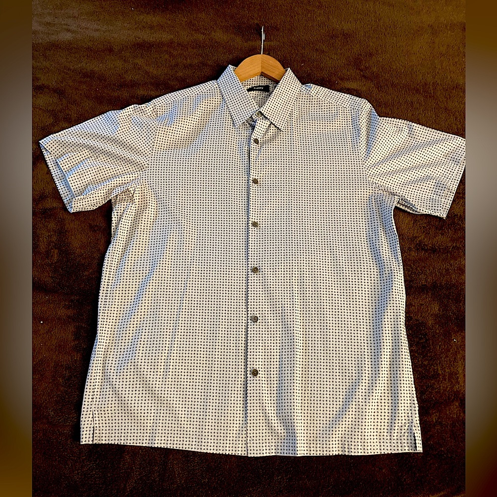 Men’s Theory Short Sleeve Button Front Shirt M Grey Black Pattern